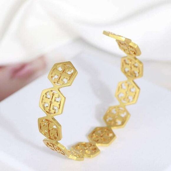 NWOT Tory  Burch T Gold Hexagon Cuff Bangle Bracelet - Picture 4 of 11
